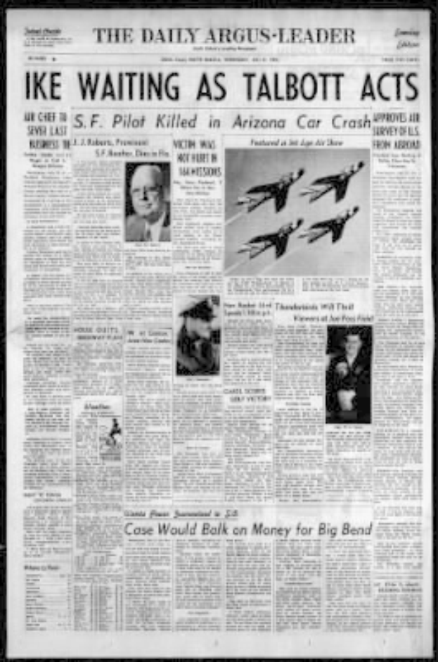 Die Titelseite der Daily Argus-Leader-Zeitung aus Arizona mit schwarzem Hintergrund, der Überschrift "Ike Waiting as Talbott Acts" und mehreren Bildern von Menschen und Flugzeugen.