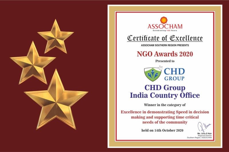 Auszeichnung "Exzellenz" für die NGO Awards 2020 an Chd Group India Country Office, mit einem Schild-Logo mit einem zentralen Stern und einem Lorbeerkranz.