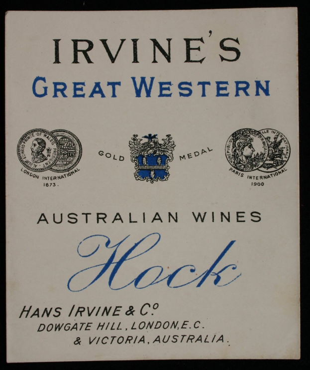 Plakat, das Irvine's Great Western Australian Wines Hock mit Firmenlogos und Text, der die Weinarten angibt, bewirbt.