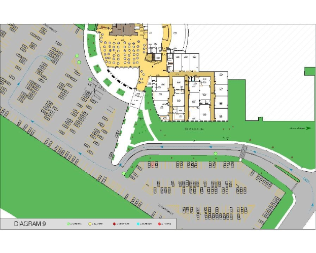 Ein Lageplan einer neuen Entwicklung in San Antonio, Texas, der Straßen, Gebäude und Sehenswürdigkeiten zeigt.