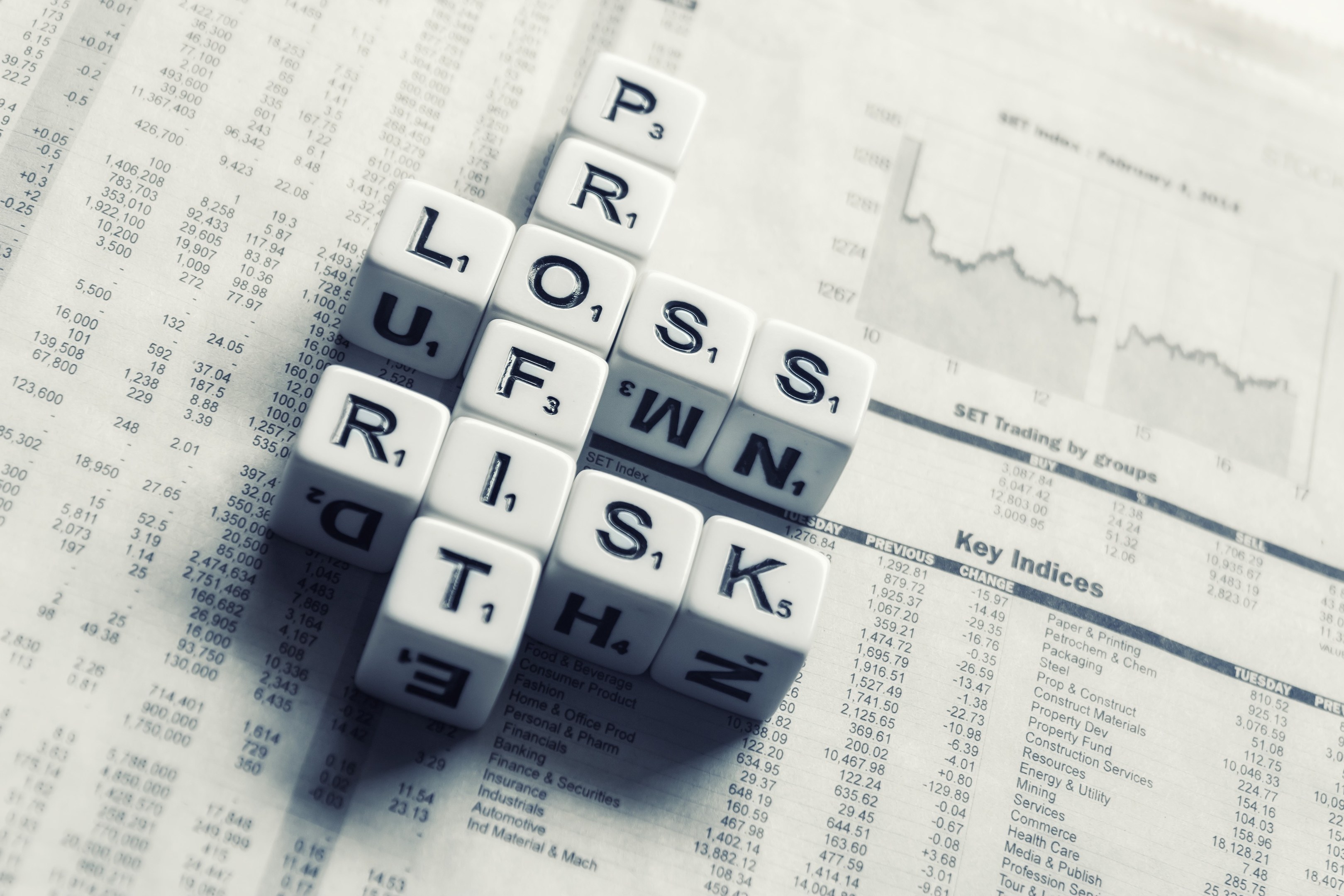 Ein Kreuzworträtsel mit den Wörtern "Verlust", "Risiko" und "Risiko", die über einer Zeitung mit finanziellen Texten und Zahlen geschrieben sind.