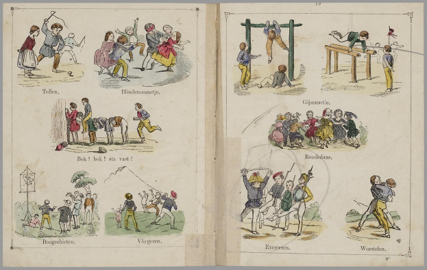 Offenes Buch mit Illustrationen von Menschen beim Sport wie Laufen, Springen und Ballspielen, begleitet von beschreibendem Text.