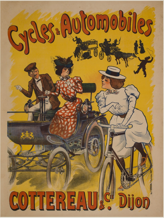 Plakat zur Werbung von Fahrrädern und Automobilen in Cottereau und Dijon, Frankreich, mit Menschen auf Fahrrädern und einer Kutsche mit der Aufschrift "Fahrräder und Automobile" oben.