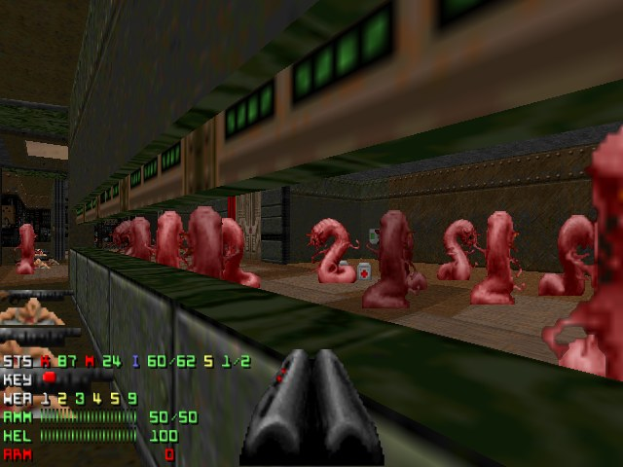 Screenshot des Computerspiels Doom II, das animierte Zombies in einem Raum zeigt, mit einer Waffe unten und Spielstatistiken auf der linken Seite.
