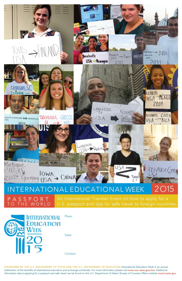 Internationaler Bildungswoche 2015 Plakat mit einer Gruppe strahlender Menschen, die Schilder mit textbezogenen Informationen halten.