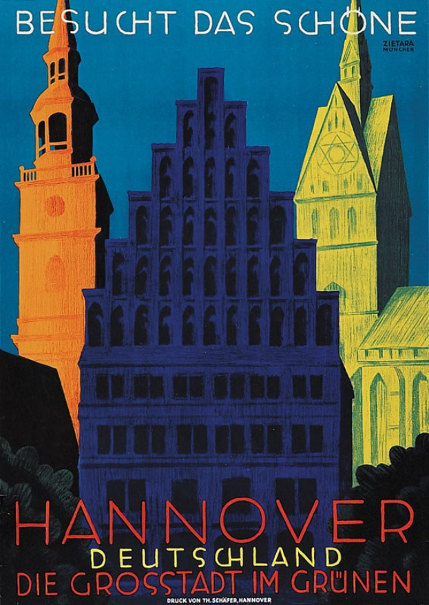 Plakat für Hannover, Deutschland, mit einigen Gebäuden und Bäumen sowie Textinformationen über die Stadt.