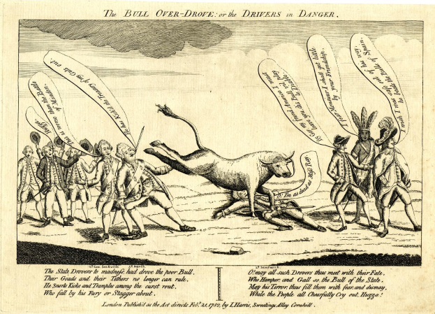 Eine Zeitung mit einer Zeichnung eines Bullen, der Fahrer überfährt oder in Gefahr bringt, umgeben von einer Gruppe von Menschen, und mit beschreibendem Text.