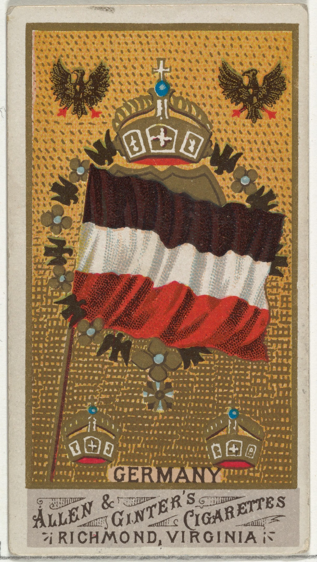 Alte Zigarettenkarte mit der deutschen Flagge mit einem weißen Kreuz in der Mitte und dem Wort "deutsch" in fetter schwarzer Schrift.