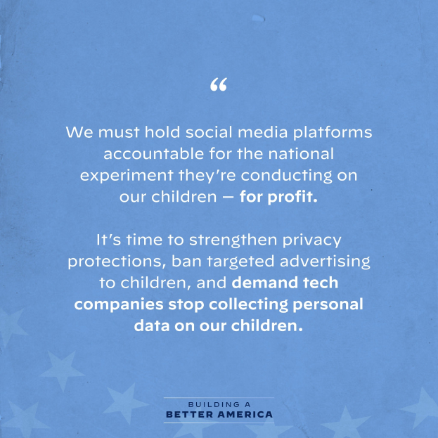Plakat mit einem Zitat aus Building a Better America, das fordert, dass soziale Medien-Plattformen für die Experimente an Kindern zur Gewinnerzielung zur Rechenschaft gezogen werden, geschmückt mit Sternen.