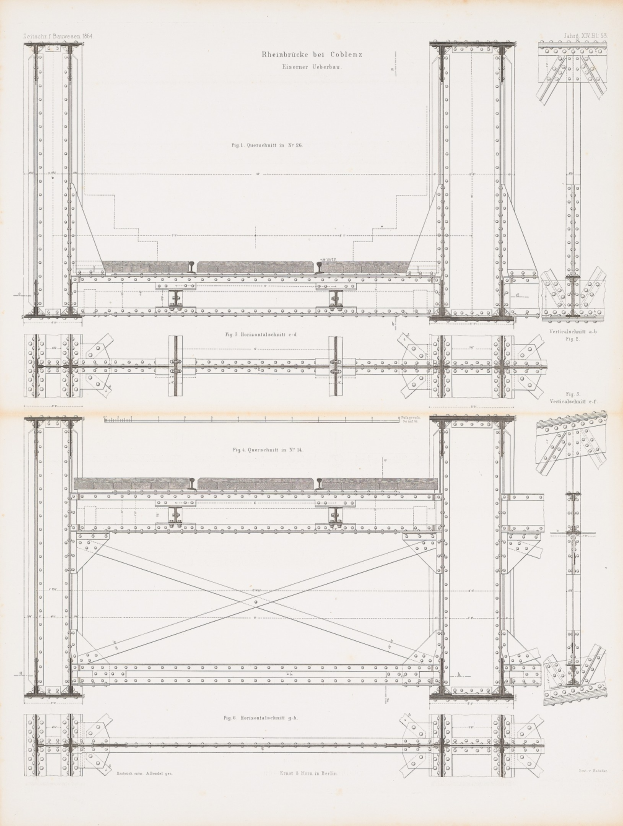 Detailierte architektonische Zeichnung eines Brückenbauplans aus einem Buch, das konstruktive Elemente wie Balken und Seile mit begleitendem Text zeigt.