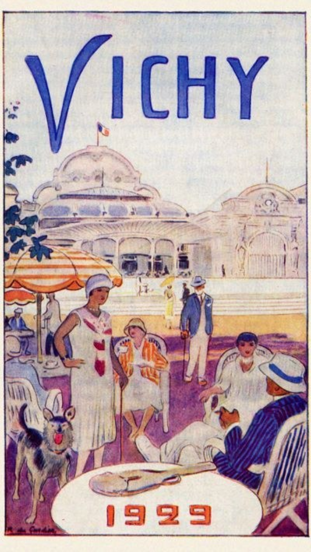 Vintage-Reiseplakat für Vichy, Frankreich aus dem Jahr 1929, das Menschen, einen Hund, Außenbestuhlung, ein Gebäude, eine Flagge und Text zeigt.