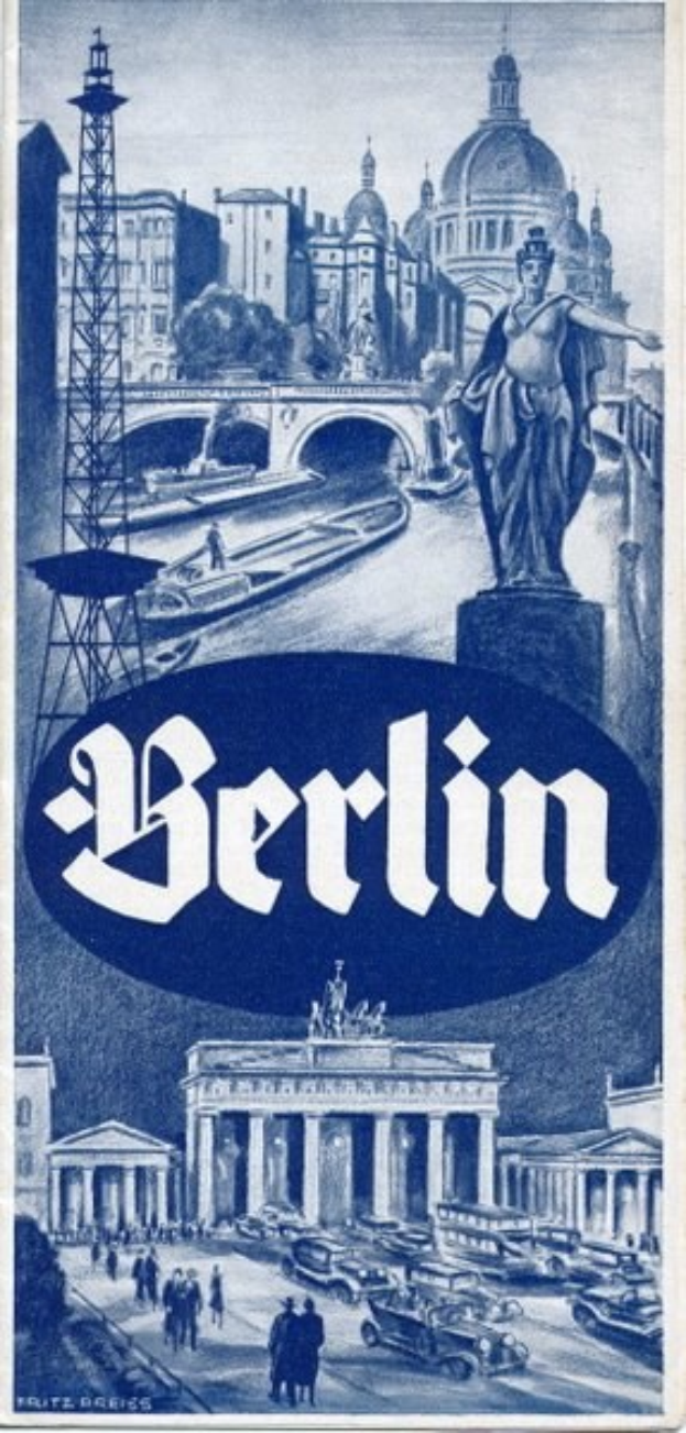 Plakatwerbung Berlin, Deutschland, mit einer Statue, Gebäuden, einem Turm, Menschen, Fahrzeugen auf der Straße und einer Brücke, mit Text, der Informationen über die Stadt enthält.