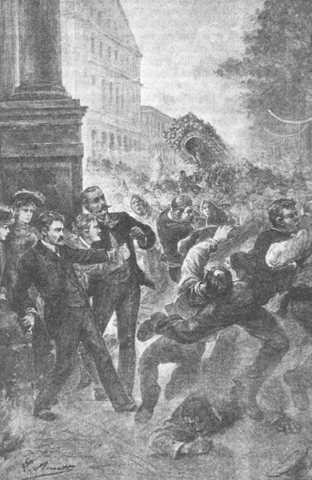 Schwarz-weiß-Zeichnung einer Gruppe von Menschen auf einer Straße mit einer Säule, Bäumen und einem Gebäude im Hintergrund, betitelt "Victor Hugo Münster - Die Massakrierung der Stadt London".