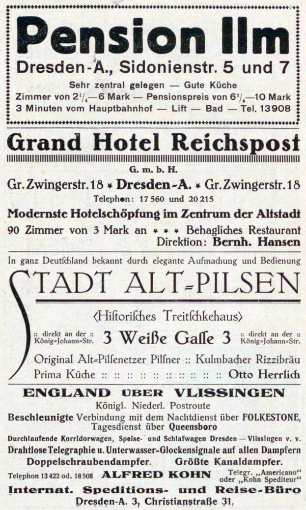 Schwarze und weiße Zeitungsanzeige für die Pensionsinn in Dresden, Deutschland mit Text auf weißem Hintergrund.