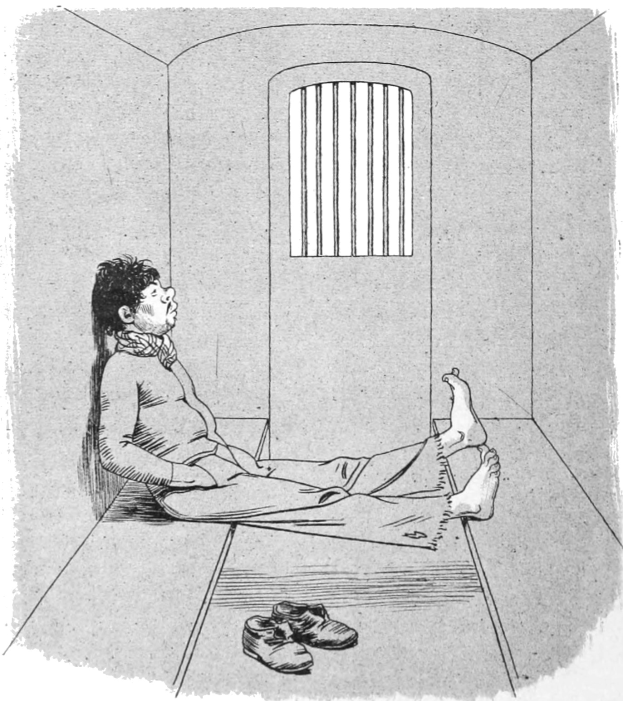 Schwarz-weißes Bild eines Mannes, der auf dem Boden einer Zelle sitzt, mit einem Paar Schuhen neben ihm und Text unten.