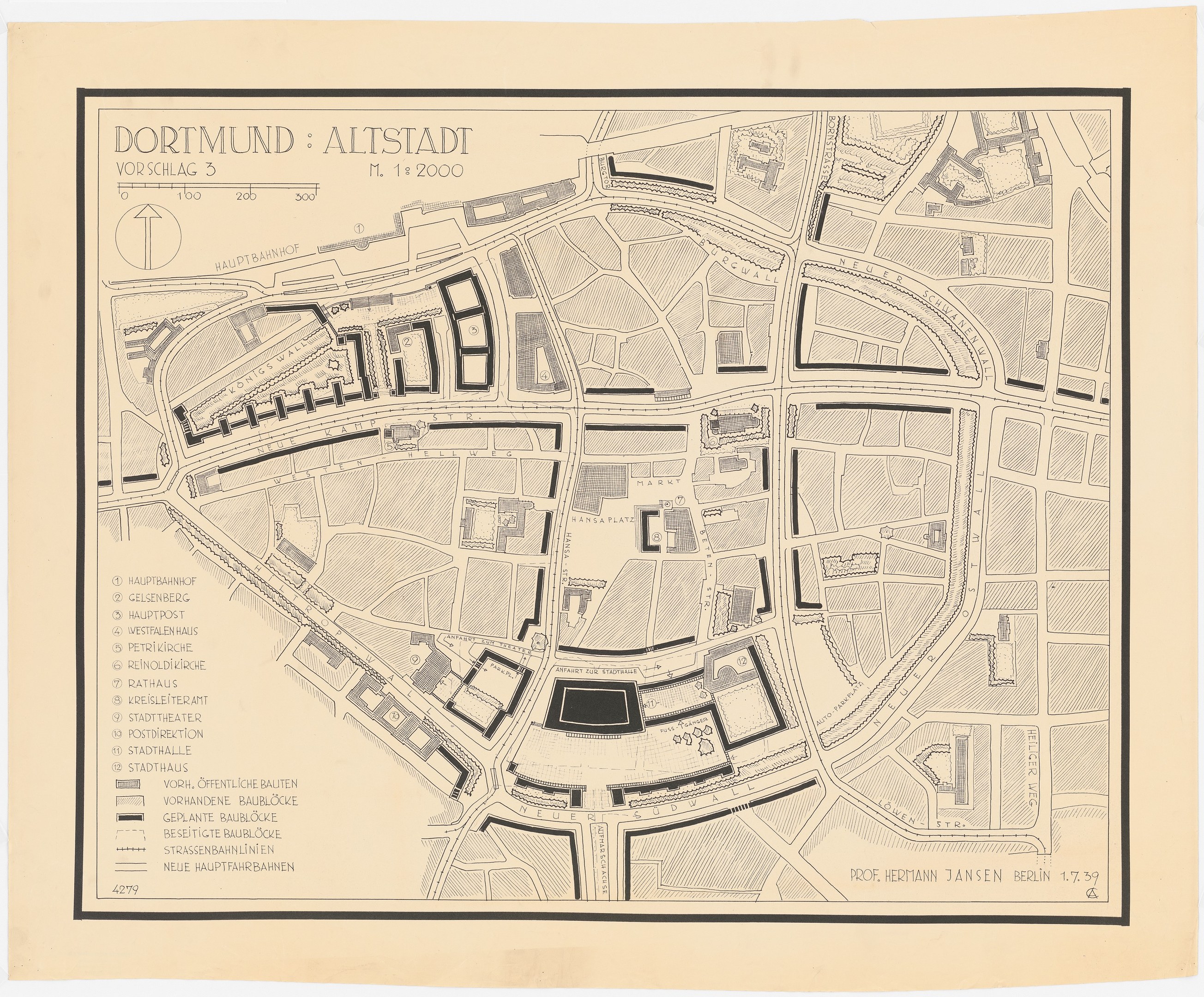 Detailiertes altes Stadtplan von Dortmund, Deutschland, zeigt Straßen, Gebäude und Sehenswürdigkeiten mit weißem Hintergrund.