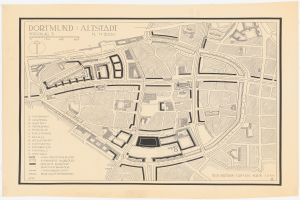 Detailiertes altes Stadtplan von Dortmund, Deutschland, zeigt Straßen, Gebäude und Sehenswürdigkeiten mit weißem Hintergrund.