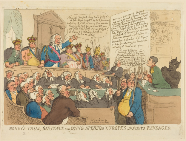 Cartoon courtroom scene with a central standing man, seated figures, a table with objects on the right, and text reading "Boney's Trial, Sentence, and Dying Speech Europe's Injuries Revenged" at the bottom.
