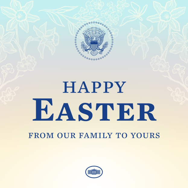 Plakat mit "Frohe Ostern von unserer Familie für die Ihre" in festlicher Schrift, mit bunten Ostereiern, Hasen und einem Logo des US-Ministeriums für Innere Sicherheit.