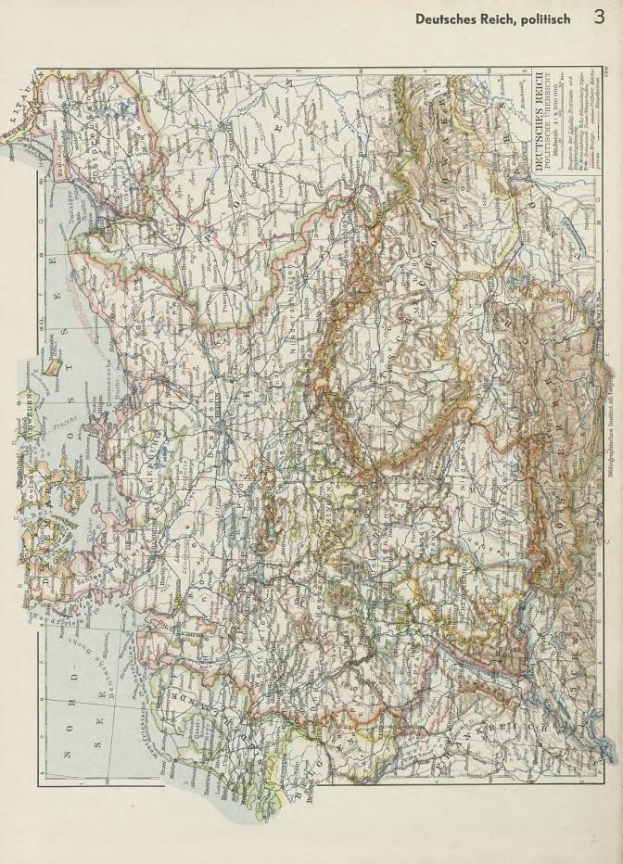 Eine Karte von Deutschland aus dem 19. Jahrhundert, die die politischen Grenzen des Landes zeigt, auf Papier gedruckt mit Text oben und unten.