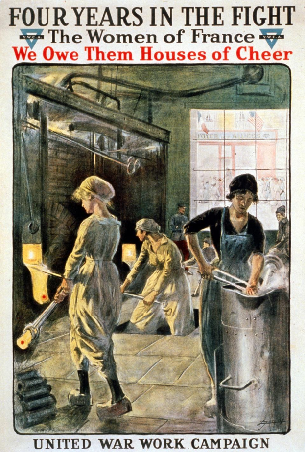 Vier Frauen in Arbeitskleidung halten Metallgegenstände, mit Text: "Vier Jahre im Kampf: Den Frauen Frankreichs schulden wir Häuser der Freude."