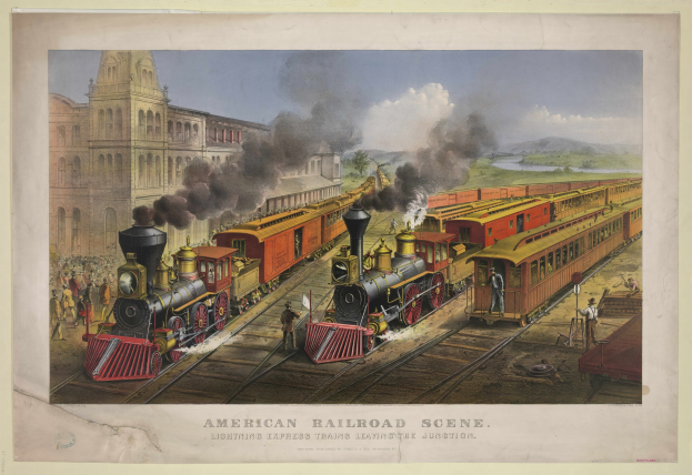 Amerikanische Eisenbahnszene mit einer Dampflok auf Schienen umgeben von Menschen, Gebäuden, Rauch, Hügeln und Himmel, mit der Beschriftung "Lightning Express Trains Leaving the Junction" unten.