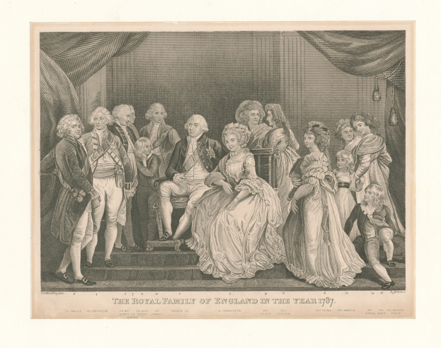 Eine Gruppenporträt der englischen Königsfamilie im Jahr 1787, die auf einer Treppe sitzt und steht, mit einer Vorhangwand im Hintergrund, begleitet von Text am unteren Rand.
