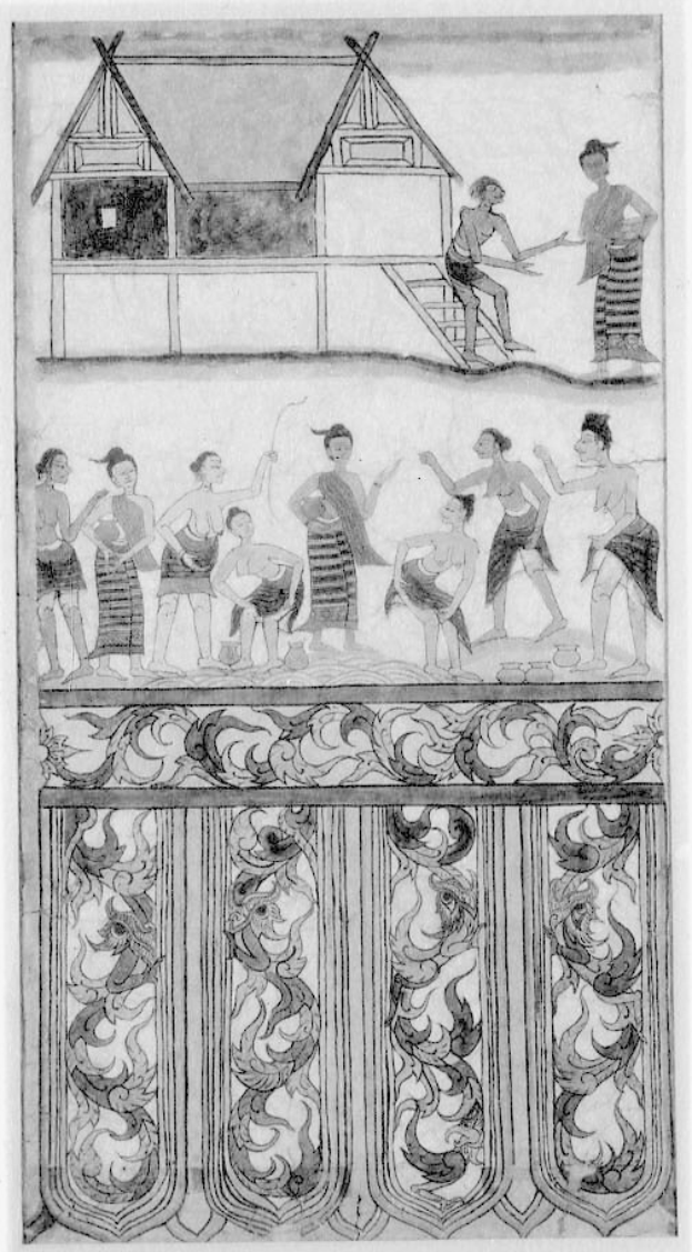 Schwarzes und weißes Thai-Gemälde, das Menschen in traditioneller Kleidung bei Aktivitäten wie Tanzen und Musizieren zeigt, mit einem dekorierten Haus im Hintergrund.