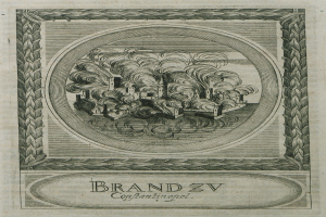 Gravur einer Stadt mit qualmenden Schornsteinen, umrahmt von einem Bilderrahmen, mit begleitendem Text auf dem Papier.