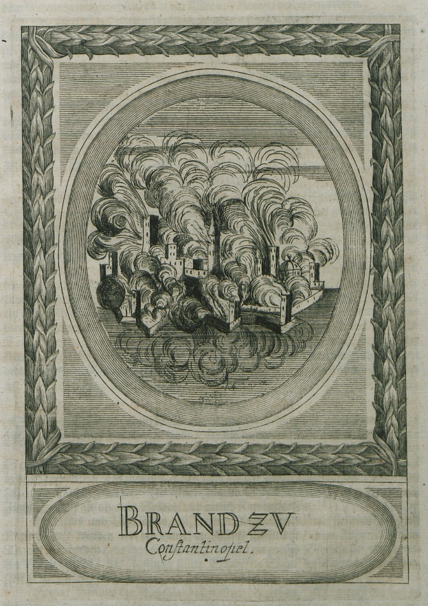 Gravur einer Stadt mit qualmenden Schornsteinen, umrahmt von einem Bilderrahmen, mit begleitendem Text auf dem Papier.